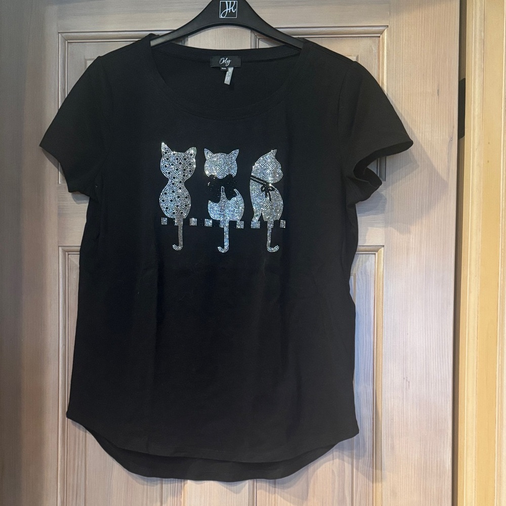 NWOT - Orly Black T-Shirt with Silver Bling Cat Design